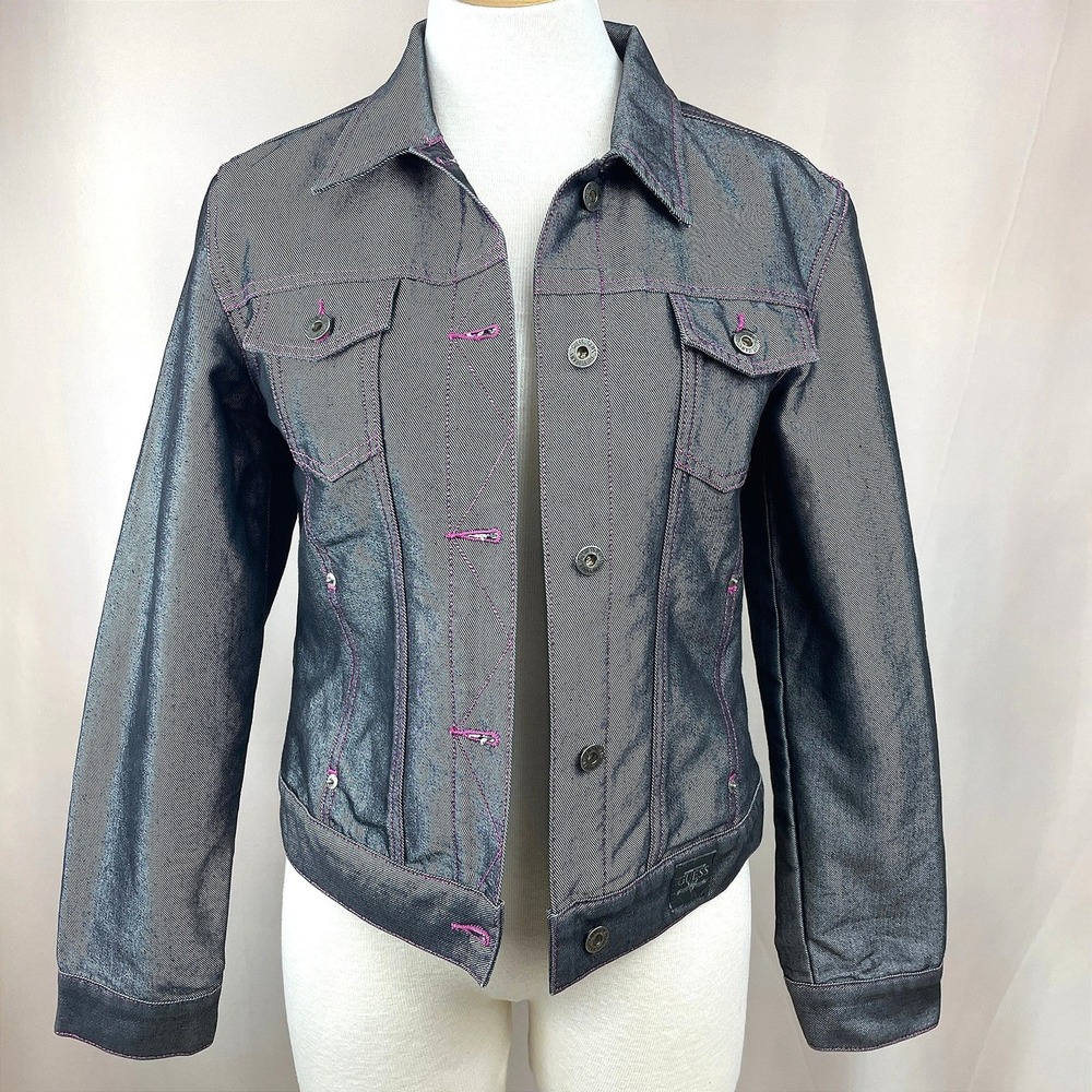 Vintage GUESS Womens (L) Metallic Denim Jean Jacket Pink Stitching Y2K Indie